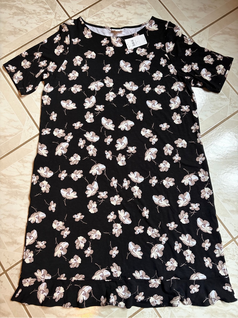 NWT J. Jill Dress Stretch Ruffle Flutter Neutral Floral & black Large